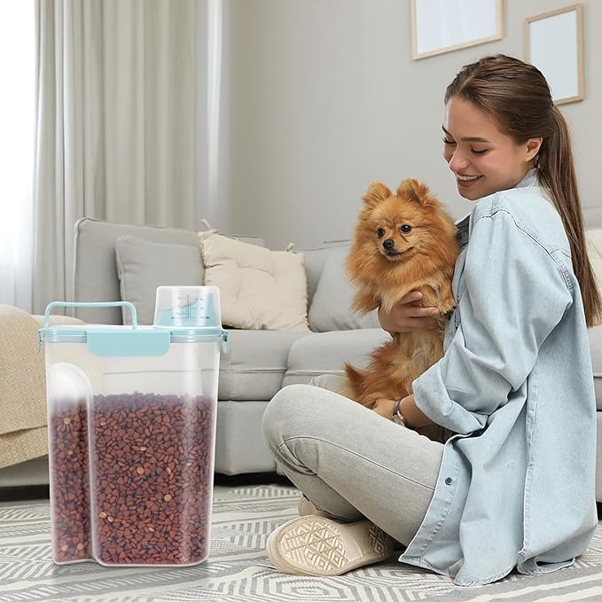 5-7LBS Dog Cat Storage Container Portable with Upgraded Large Spout and Cup, Plastic Pet Food Dispenser for Small Animal Kibble, Bird Seed, Oatmeal, Rice, Flour, Brown Sugart-2 Pack Sky Blue