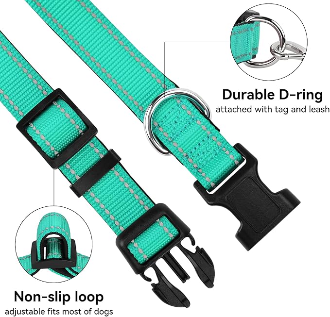 Soft Reflective Dog Collar for Extra Small Dogs, Lightweight Adjustable Puppy Collar with Neoprene Padding, Gentle Nylon for Chihuahua Yorkie,Teal,XS