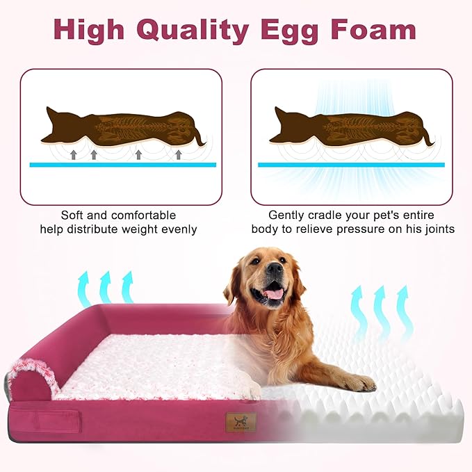 Medium-Sized Orthopedic Dog Bed - Washable Rose Velvet Cover, Waterproof Lining, Memory Foam Dog Couch, Non-Slip Base, Sofa Dog Bed for Corgis, Pomeranians, French Bulldogs (Rose Pink, L)