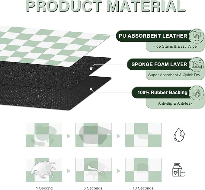 Pet Feeding Mat, 16"x 24" Absorbent Dog Food Mat, Checkered Cat Bowl Mats, Easy to Clean Pet Placemats, Quick Dry Dog Water Dispenser Mats for Messy Drinkers, Green & White