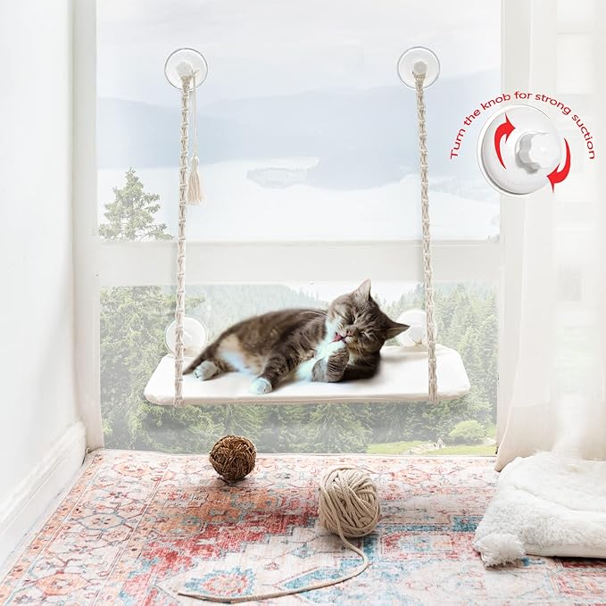 Mkono Cat Window Perch Macrame Boho Cat Hammock Wall Mounted Cat Bed for Indoor Cat, Pet Resting Seat Safety Space Saving Cat Shelves with Screw Suction Cups