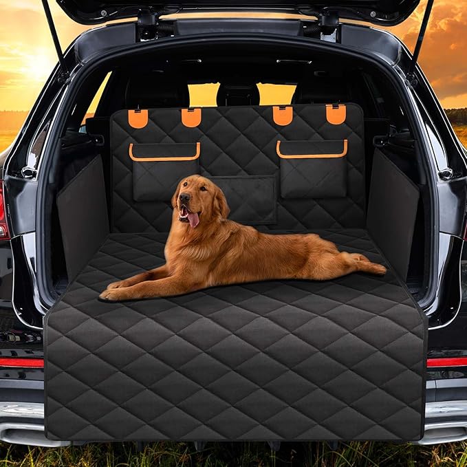 4-in-1 SUV Cargo Liner for Dogs, Non-Slip Water Resistant Pet Trunk Mat with Side Flaps Protector & Back Seat Organizer, Dog Backseat Cover for SUVs Vans