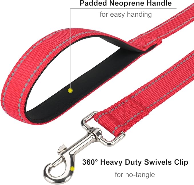 Reflective Dog Leash 6ft Soft Padded Handle Nylon Lead for Medium & Large Dogs, Durable Walking Training Leash for Night Safety (Red,1Inch Wide)