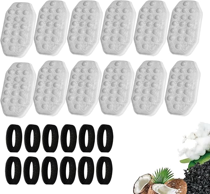 12Pack Cat Water Fountain Filters with 12 Pack Pre-Filter Sponges for 3.2L/108oz Stainless Steel Pet Water Fountain with Water Level Window
