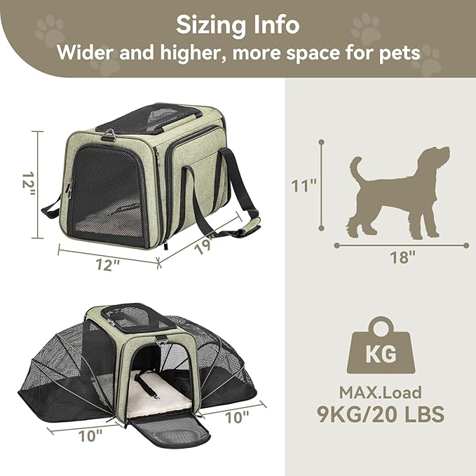Petsfit Expandable Cat Carrier Dog Carrier, Soft-Sided Portable Pet Travel Carrier, Removable Soft Plush mat and Pockets, Locking Safety Zippers, 19x12x12 Inches