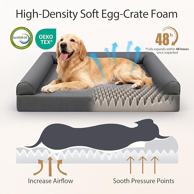 Sytopia 42in Chew Proof Dog Beds for Large Sized Dogs, Waterproof Egg Crate Foam XL Orthopedic Pet Bed with Removable Washable Cover, Non-Slip Bottom, Supports up to 100 lbs for Senior Pet, Dark Gray