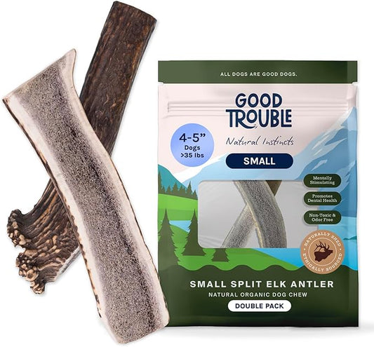 Good Trouble Premium Elk Antlers for Small Dogs – 2 Pack Split - All-Natural, Shed Antler Chews for Dental Health & Calming - Durable Dog Bones - Cruelty-Free, North American Sourced