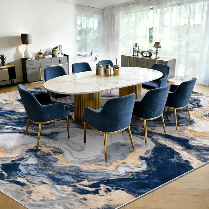Yinhua Marble Area Rug 6x9, Modern Washable Rug Non Slip, Soft Faux Wool Abstract Rugs Non Shedding, Low Pile Living Room Rugs Pet Friendly, Blue and Gold Carpet for Bedroom Nursery Office