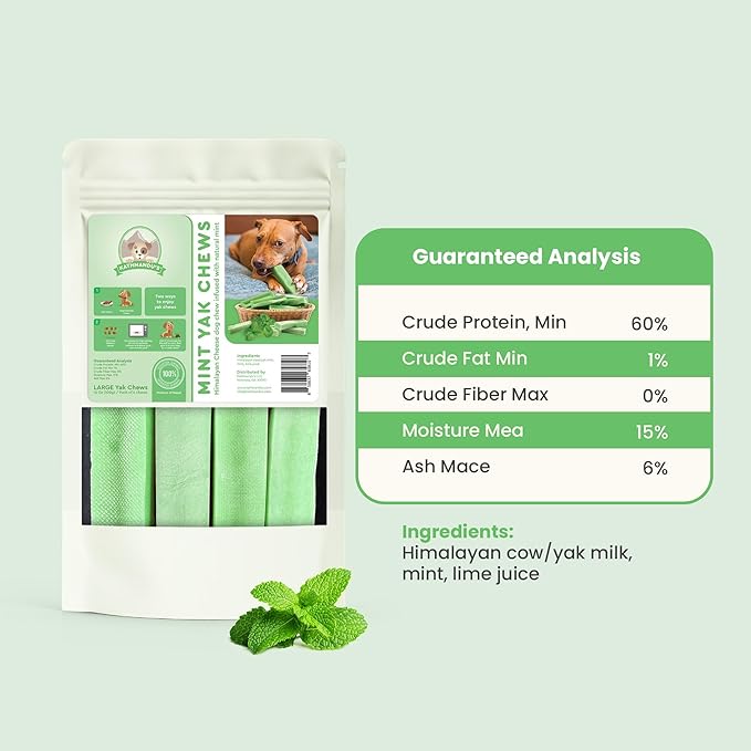 KATHMANDU'S 100% Natural Mint Flavored Yak Chews – Keep Dogs Busy & Happy with Our Lactose&Rawhide Free Himalayan Dog Chews - Long Lasting Dental Treats for Aggressive Chewers (Large, Pack of 4)