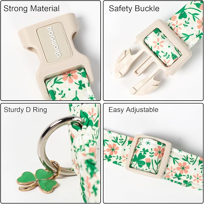 DOGWONG St Patrick's Dog Collar, Green Clover Pet Collar Cotton Flower Shamrock Pet Collar Cute Puppy Collar Adjustable Pet Dog Collars for Small Dogs