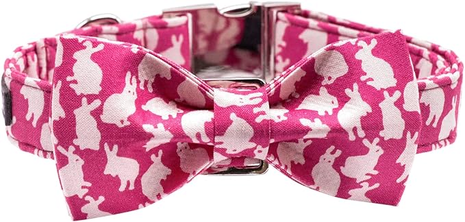 Maca Bates Easter Day Rabbit Dog Collar with Fancy Bow Tie for Large Girl Boy Dogs, Pink Bunny Pattern,Adjustable Durable Soft Breakaway Collars for Male Female Puppy