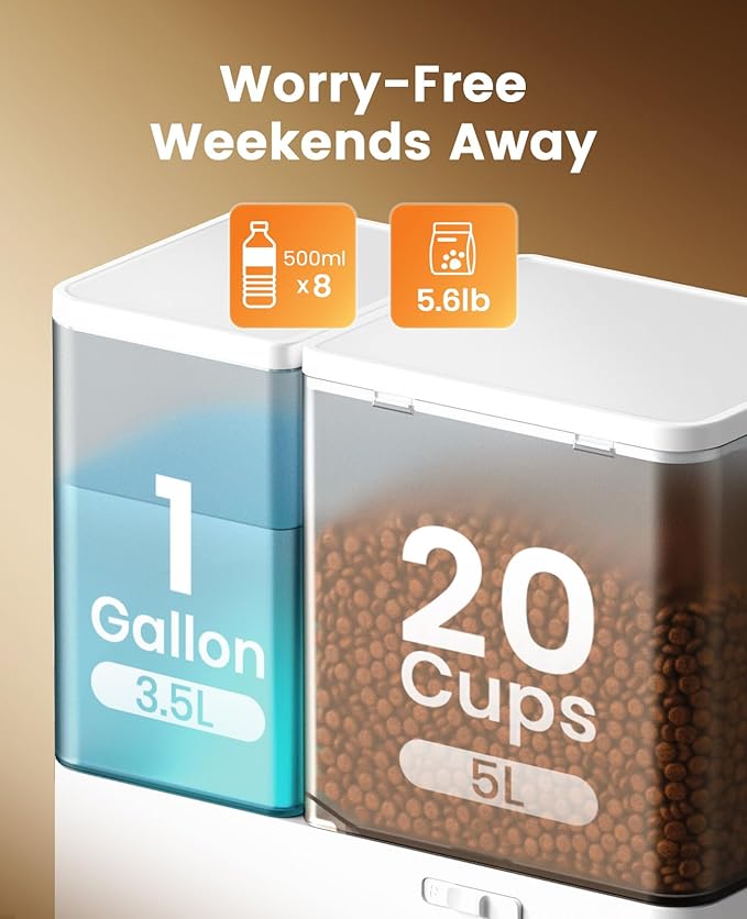 oneisall Automatic Cat Feeder and Water Dispenser, 36Cups/8.5L 2-in-1 Large Capacity 5L Timed Cat Food and 3.5L Gravity Water Dispenser for Pets, Puppies, Kittens