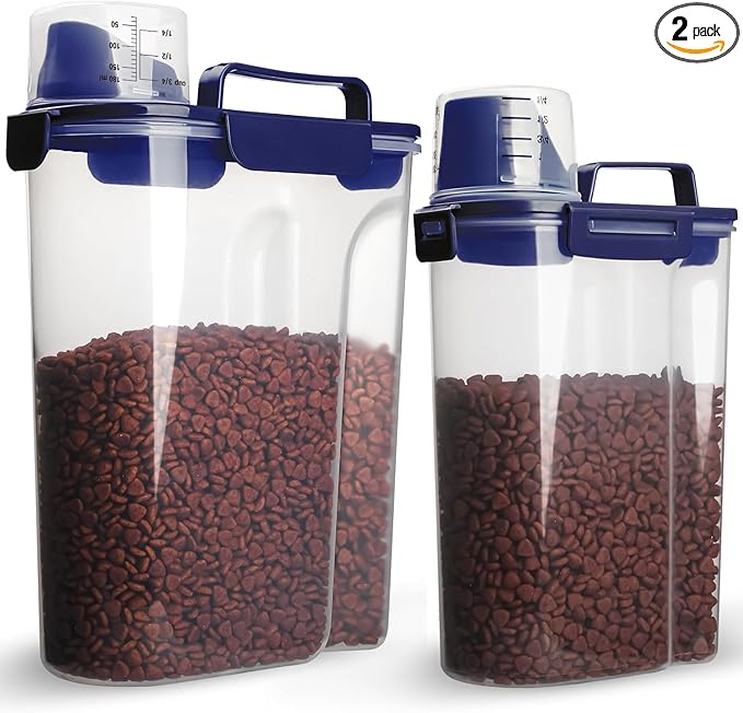 Dog Food Storage Container, 5-7 Lbs Airtight Pet Food Container, Cat Food Container Dispenser with Portable Handle, Pouring Spout and 4 Seal Buckles for Dogs Cats 2 Pack Blue
