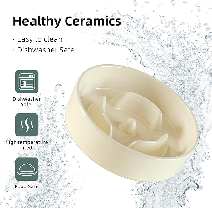 Ceramic 0.9 Cup Raised Dog Slow Feeder Set, Elevated Bowl with Wooden Stand for Small Dog and Cat, 6.1inch Puzzle Slow Dog Food Dish, Anti-Gulping(Beige, Single Bowl+ Stand)