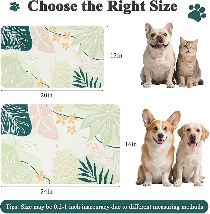 Topotdor Boho Dog Food Mat for Floors, Absorbent Quick-Dry Cat Pet Feeding Mat, Non-Slip Dog Bowl Mat for Food and Water, Pet Placemat for Dogs, Cats, Puppy Accessories, 12"x20", Green