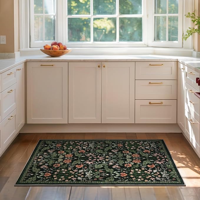Floral Entryway Washable Rug: 2x3 Soft Low Pile Thin Indoor Front Door Mat, Non Slip Stain Resistant Vintage Flower Boho Accent Small Rugs for Bedroom, Kitchen, Bathroom, Nursery Entrance - Black