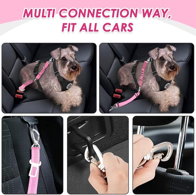 Lukovee Dog Seat Belt for Car, Adjustable Dog Car Harness for Large Medium Small Dogs, Soft Padded & Breathable Mesh Dog Seatbelt with Car Strap and Carabiner (A-Pink,M)
