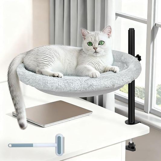 Cat Bed for Desk - Equipped with a multifunctional brush for hair removal. 360° Rotating & Height Adjustable Cat Hammock Supports Up to 50 lbs, Removable & Washable, Nest Bed Attachment Round Hammock