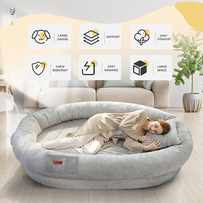 Human Dog Bed for Adults, 73"x56"x12" Washable Orthopedic Size, Faux Fur Removable, Cozy Large Present with Blanket and Pillow, Grey
