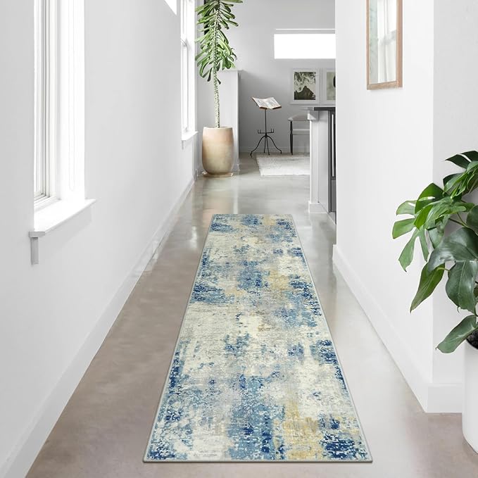 Lahome Modern Abstract Bathroom Runner Rug 2x8, Washable Entryway Rug Runners for Hallways Non Slip, Soft Non Skid Kitchen Carpet Runner for Living Laundry Bedroom RV, Blue