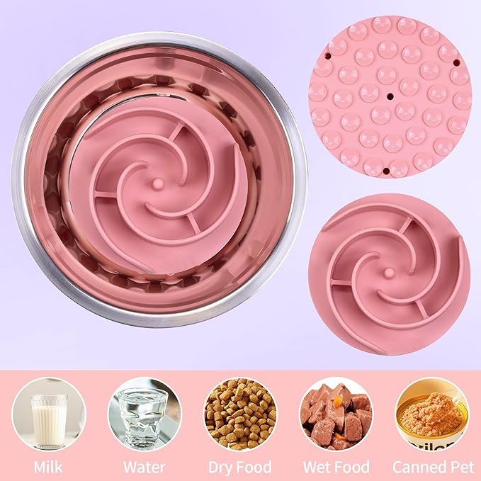 Slow Feeder Dog Bowls Insert, Bestalk Soft Silicone Slow Eating Feeder Insert with Suction Cups for Small, Medium and Large Dogs, Fit into Basic and Elevated Dog Bowls, Pink