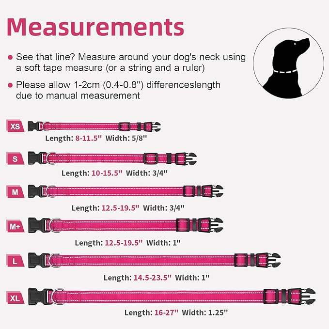 Reflective Dog Collar for Large Dogs, Wide Nylon Adjustable Collar with Soft Padding, Durable Buckle for Pitbull Labrador Retriever,Hotpink,L