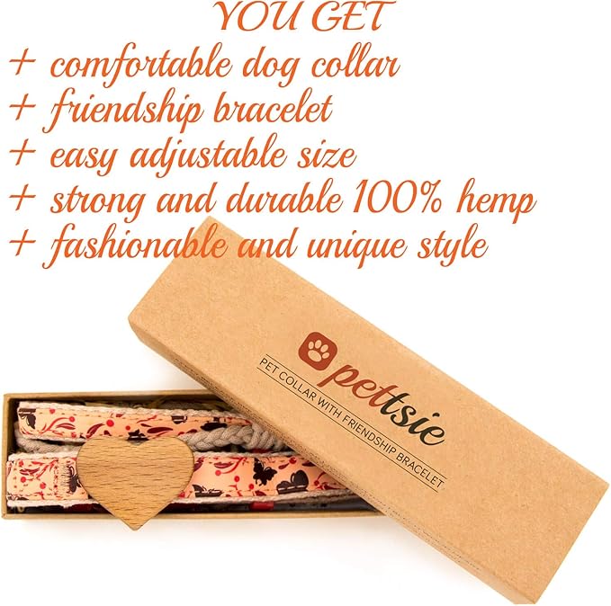 Pettsie Dog Heart Collar & Matching Friendship Bracelet – Adjustable, Durable Hemp, Soft & Comfortable, for Dog Owners, Small & Medium Sizes