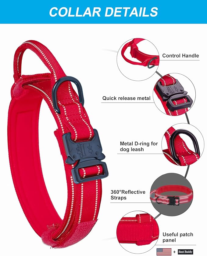AUBELL Reflective Tactical Dog Collar,Adjustable Military Heavy Duty K9 Collars with Handle and Quick Release Metal Buckle Great for Large Dogs, with Airtag Case and 2 Patches (Red,L)