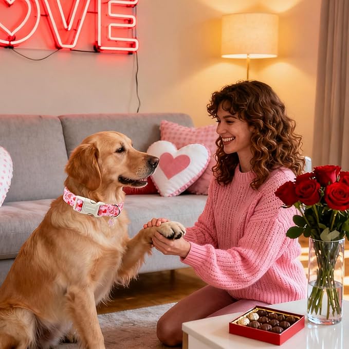 DOGWONG Valentine's Dog Collar - Pink Heart Adjustable Cotton Heart Dog Collar - Cute Dog Collars Perfect for Medium, Large Dogs