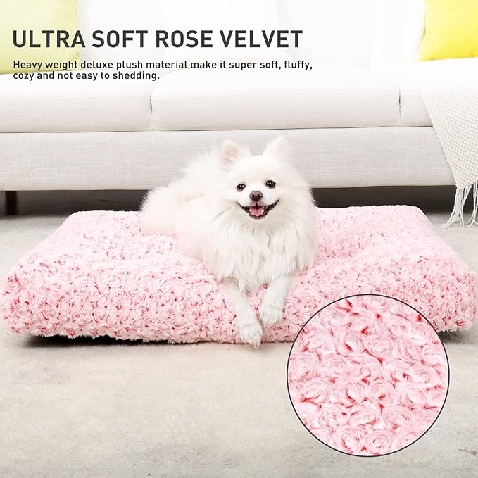KSIIA Washable Dog Bed Deluxe Plush Dog Crate Beds Comfy Kennel Pad Anti-Slip Pet Sleeping Mat for Large, Jumbo, Medium, Small Dogs Breeds, 29" x 21", Pink