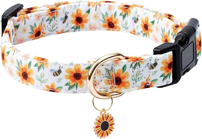 Cotton Dog Collar,Adjustable Cute Puppy Collar with Moon Patterned Design for Small Medium Large Dogs,Soft and Fancy Pet Collar with Safety Buckle for Girl Boy Dogs (Yellow Sunflower, L)