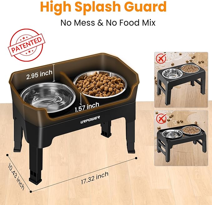 URPOWER 3-in-1 Elevated Dog Bowls - Mess Proof Double Deck 4 Height Adjustable Raised Stand with 2 Stainless Steel Food Bowls & Licking Plate for Small, Medium & Large Dogs