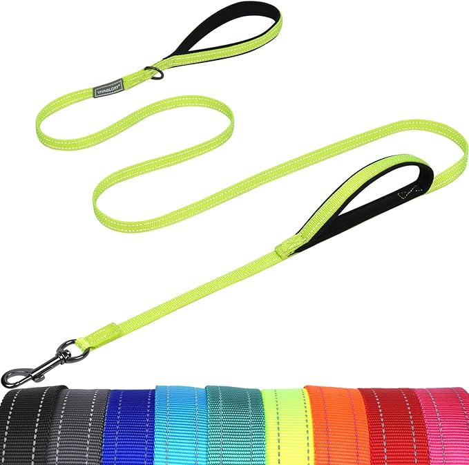VIVAGLORY Twingrip Dog Leash, Double Handle Dog Leash for Training & Walking with Traffic Handle & 2 Loop, Traffic Control Reflective Heavy Duty for Puppy Pet, 5ft x 1/2in, Bright Yellow