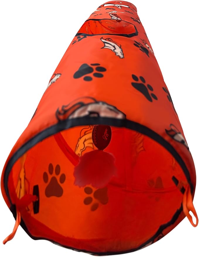 NFL Denver Broncos Cat Tunnel Tube Toy with Plush Football Catnip and Feathers Collapsible Tunnel for Cats to Play, Peek and Hide, Sporty & Fun Cat Tunnel Toy with Team Logo All-Over Design!