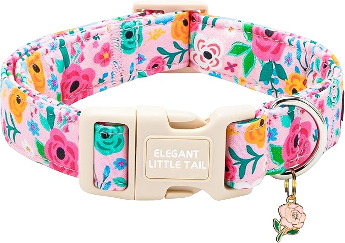 Elegant little tail Dog Collar, Pink Flower Print Spring Soft Cotton Puppy Collars Adorable Female Pet Gift Lightweight Plastic Adjustable Dog Collar for Large Dogs