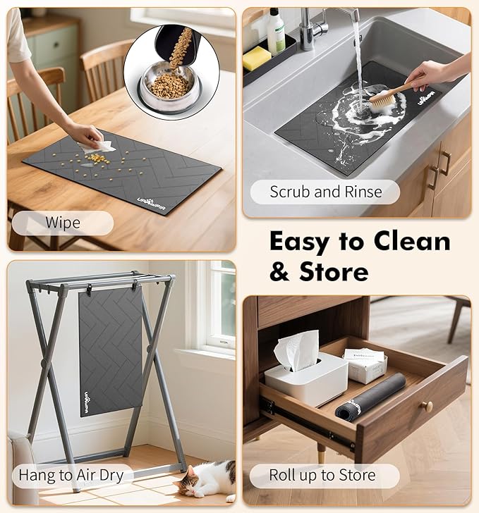 Pet Food Mat Absorbent Cat Food Mat Dog Mat for Food and Water Quick Dry No Stains Dog Feeding Mat Placemat for Messy Drinkers Cat Food Mats for Indoor Cats Bowl Mats Pet Supplies 17"X28" Grey
