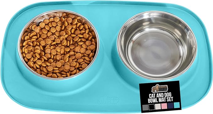 GORILLA GRIP Feeding Mat Set, Patent Pending 100% Waterproof BPA Free Silicone, Stainless Steel Cat and Dog Bowls, Slip Resistant, Edges Catch Water, Food, US Designed Pet Accessories, 2 Cup Turquoise