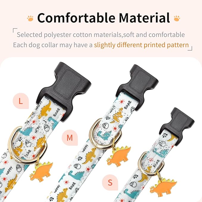 Cotton Dog Collar,Adjustable Cute Puppy Collar with Moon Patterned Design for Small Medium Large Dogs,Soft and Fancy Pet Collar with Safety Buckle for Girl Boy Dogs (Yellow Dinosaur, S)