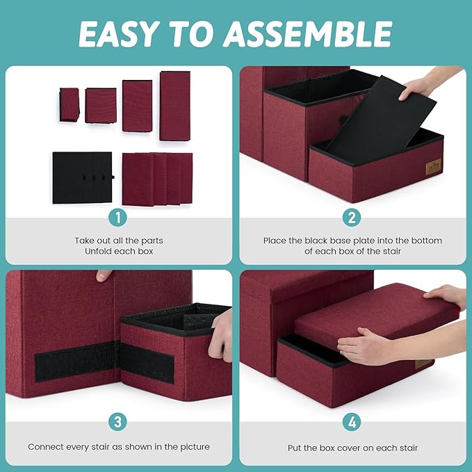Dog Stairs with Storage, 4-Step Wider Sturdy Dog Steps for Small/Medium/Large Dogs and Older Cats, Folding Doggie Ramp for Bed/Couch/Car Hold Up to 180 lbs (22" H, Burgundy)