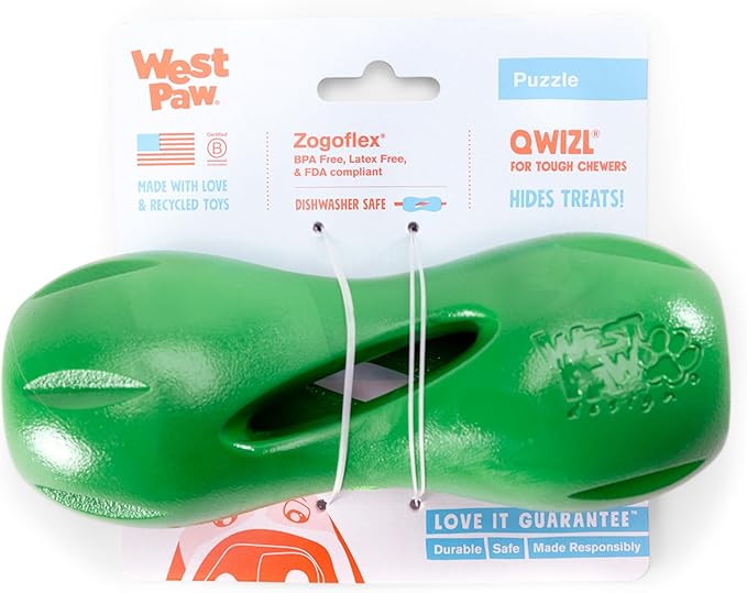 West Paw Qwizl Treat Dispensing Dog Toy for Tough Chewers- Durable Long Lasting Chew and Fetch Toy Keeps Dogs Engaged- Dishwasher Safe Safe Materials Made in USA - Clover Green, Large