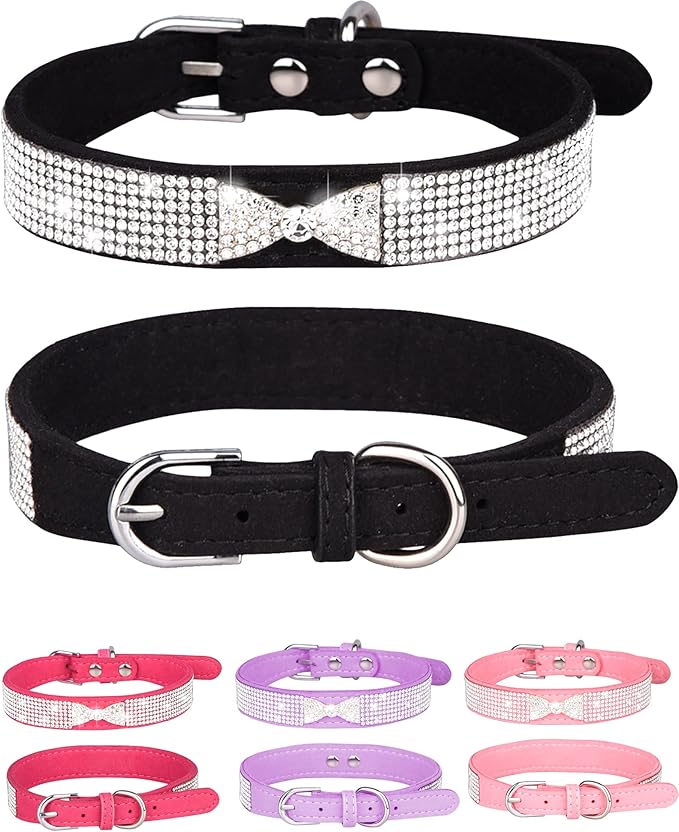 Dog Collar for Small Dogs, Adjustable Leather Suede Bling Dog Collars，Pink Dog Collar Cat Collar, Rhinestone Dog Collar (XS, black4)