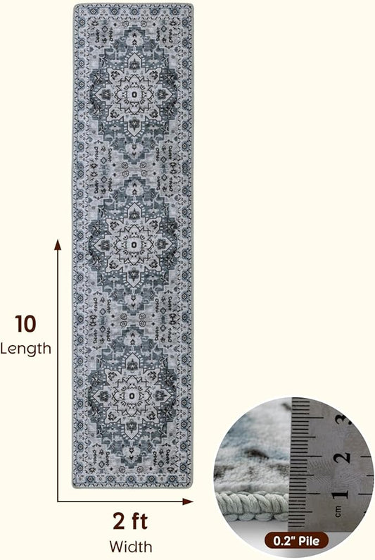 LBRO2M Boho Hallway Rug 2'X10’ Washable Runner Rugs Non Slip Low Piles Rugs Vintage, Soft, Dusty Blue Area Rug Runners for Hallways, Bedroom, Kitchen Laundry Room Pattern Print (2'X10', Dusty Blue)