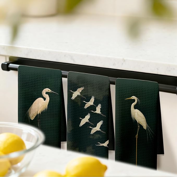 Japanese Crane Kitchen Dish Towels, Bird Lover Gifts, Dark Green Asian Oriental Japandi Crane Bird Decorative Hand Tea Towels for Bathroom Kitchen, 16x24 Inches Set of 3