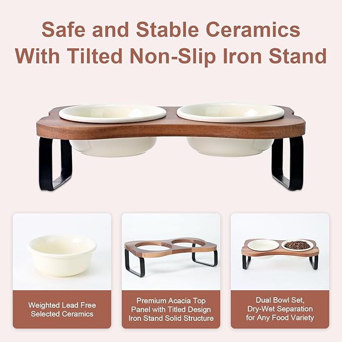 SPUNKYJUNKY Ceramic Elevated Tilted Dog Bowls Bone-Shaped Raised with 2 Height Iron Stand, 4.9'' Dog and Cat Food Water Bowls Set Non-Slip for Puppy Kitten Small Sized Breed - 7 OZ,Beige