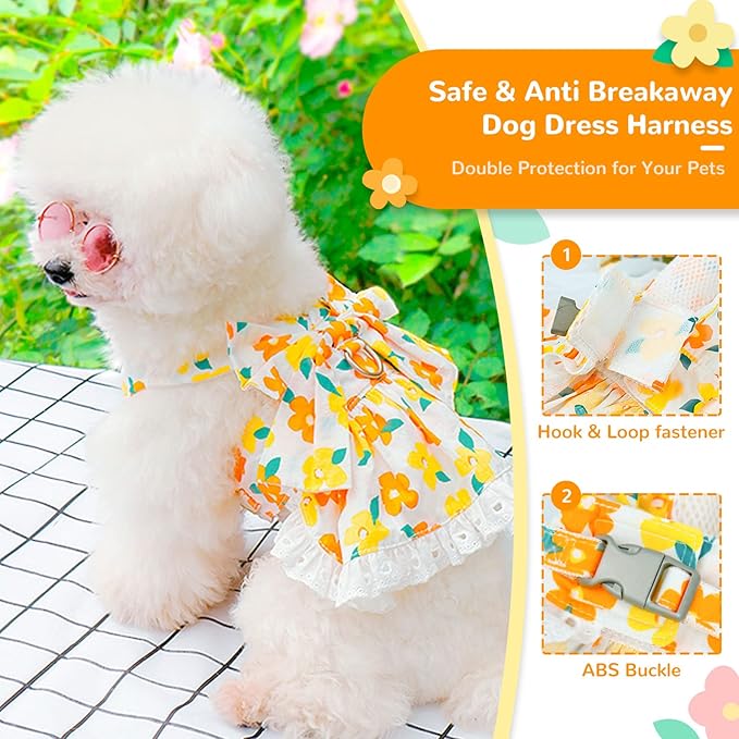 Dog Harness Dress Leash Set for Small Dog Summer Clothes Girl Female Puppy Cats Outfits Cute Floral Bowknot Princess Birthday Dress for Extra Small Pet Doggie Kitten Outfits Apparel(Yellow,S)
