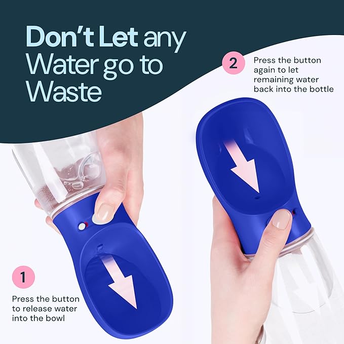MalsiPree Dog Water Bottle Dispenser for Walks - 12 oz Navy Blue - Leak-Proof Lock & One-Hand Operation - On The Go Dog Water Dispenser- Pet Travel Bottle with Built-in Bowl, for Hiking & Travel