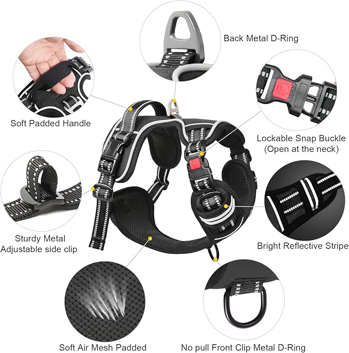 Timos No Pull Dog Harness, Release at Neck Reflective 3 Snap Buckles Adjustable No Choke Pet Vest with Front & Back 2 Leash Clips, Soft Padded Control Training Handle for Small Medium Large Dogs