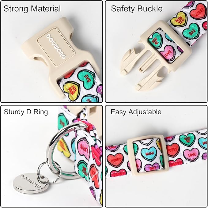 DOGWONG Valentine's Dog Collar, Adjustable Durable Heart Candy Dog Collar for Small Medium Dogs