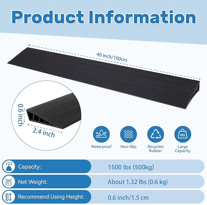0.6" Rise Threshold Ramps for Doorways 40'' L Floor Transition Strip Self-Adhesive 3/5" Rise Ramps for Wheelchairs for Home, Rubber Door-Threshold for Home Steps (Black)