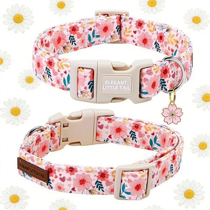 Elegant little tail Dog Collar, Pink Flower Print Spring Soft Cotton Puppy Collars Adorable Female Pet Gift Lightweight Plastic Adjustable Dog Collar for Large Dogs